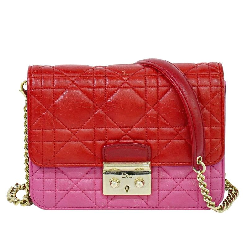 Authentic Christian DIOR Cannage Chain Shoulder Bag Pochette Leather Red Pink