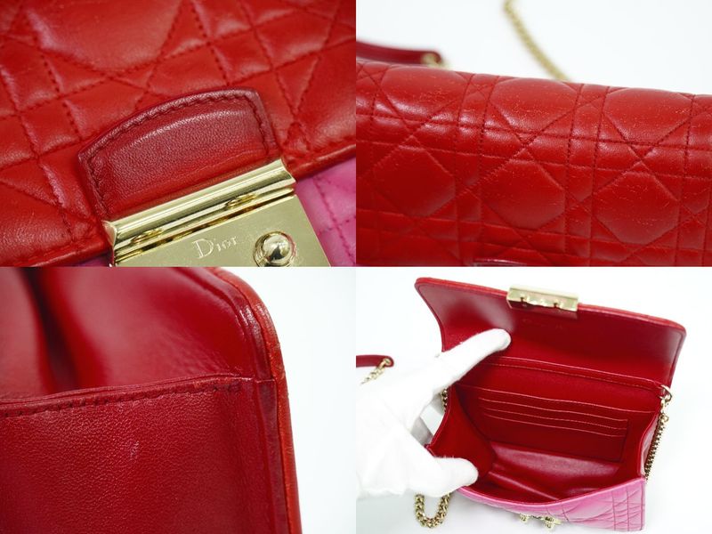 Authentic Christian DIOR Cannage Chain Shoulder Bag Pochette Leather Red Pink