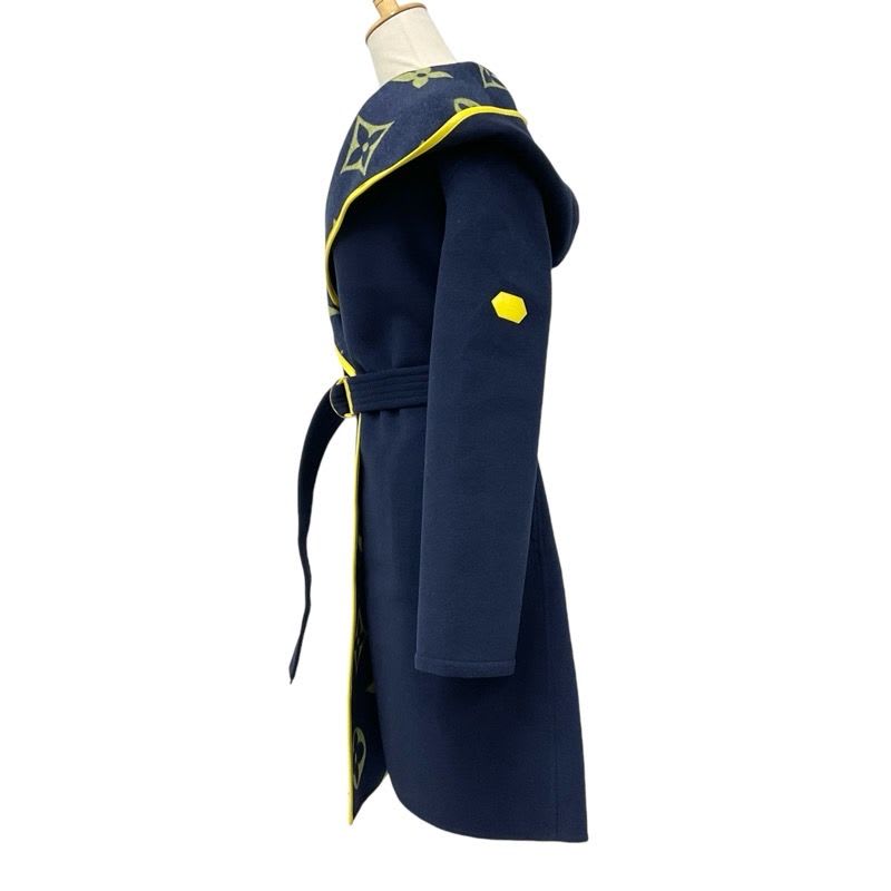 Louis Vuitton Outerwear Navy Yellow Monogram Belted Double Face Hooded Wrap Coat