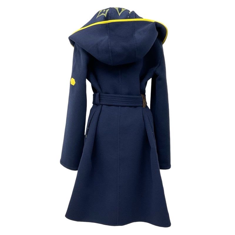 Louis Vuitton Outerwear Navy Yellow Monogram Belted Double Face Hooded Wrap Coat