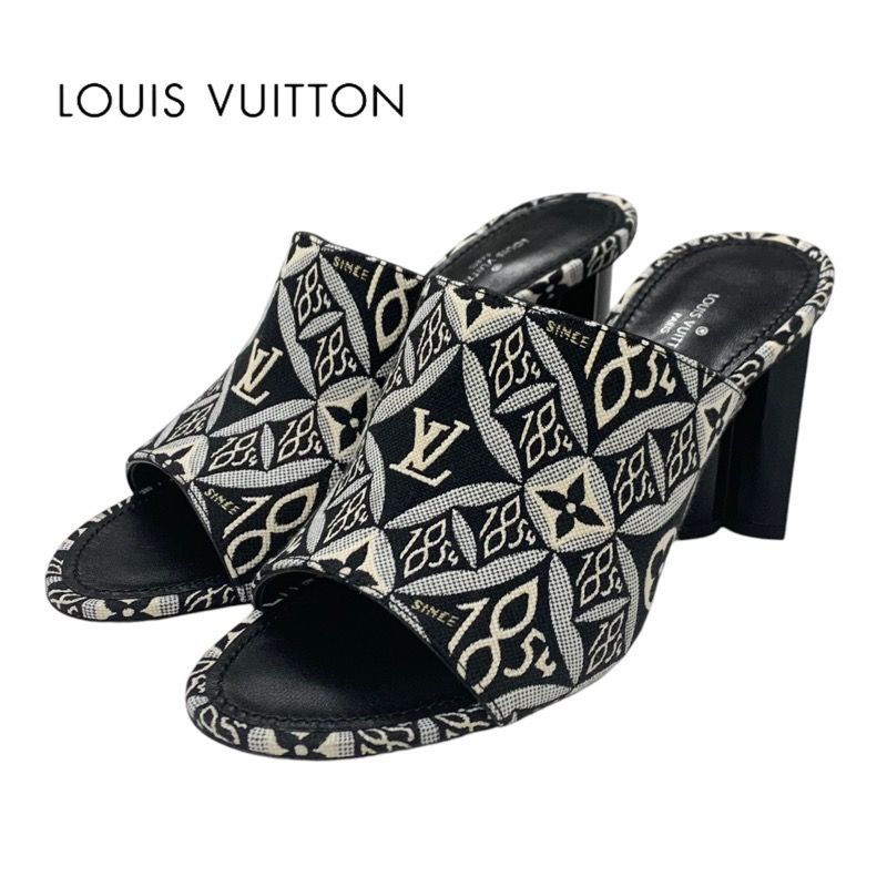Louis Vuitton Silhouette Line Sandals Shoes Jacquard Fabric Black White Unused