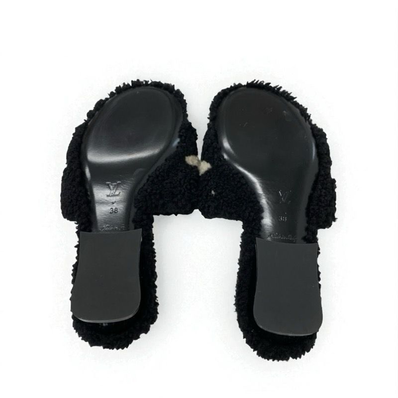 Louis Vuitton Paseo Line Monogram Sandals Shoes Shearling Black White Mule Boa