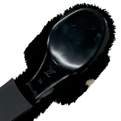 Louis Vuitton Paseo Line Monogram Sandals Shoes Shearling Black White Mule Boa