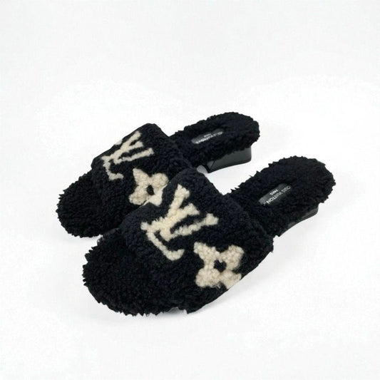 Louis Vuitton Paseo Line Monogram Sandals Shoes Shearling Black White Mule Boa