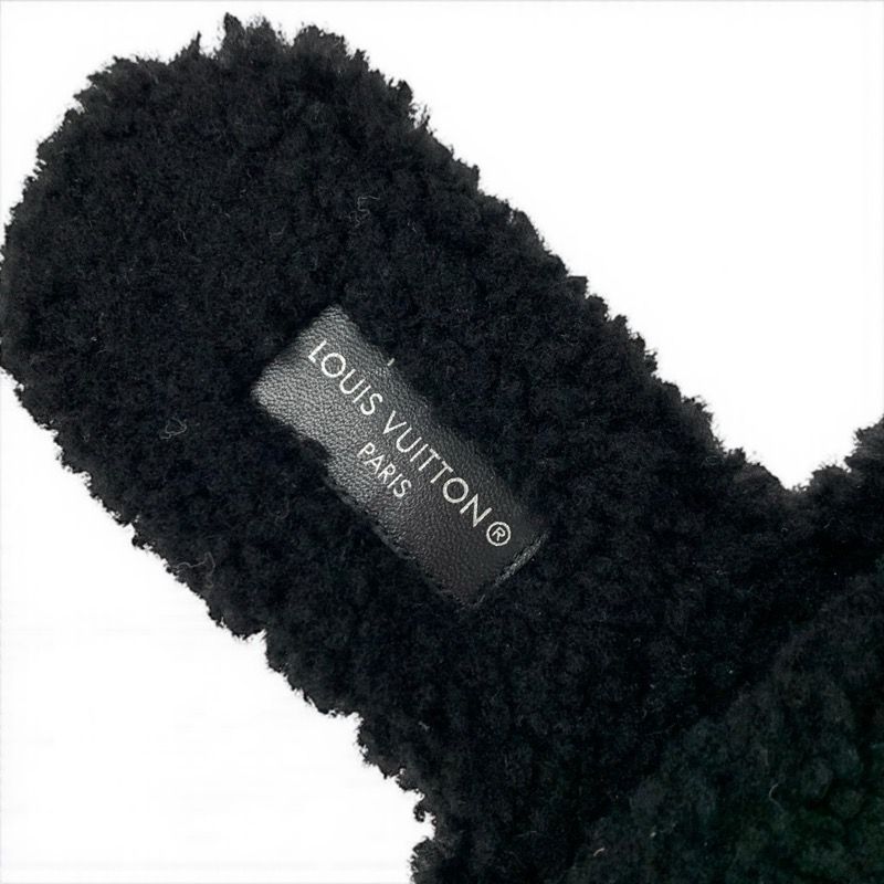 Louis Vuitton Paseo Line Monogram Sandals Shoes Shearling Black White Mule Boa