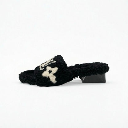 Louis Vuitton Paseo Line Monogram Sandals Shoes Shearling Black White Mule Boa