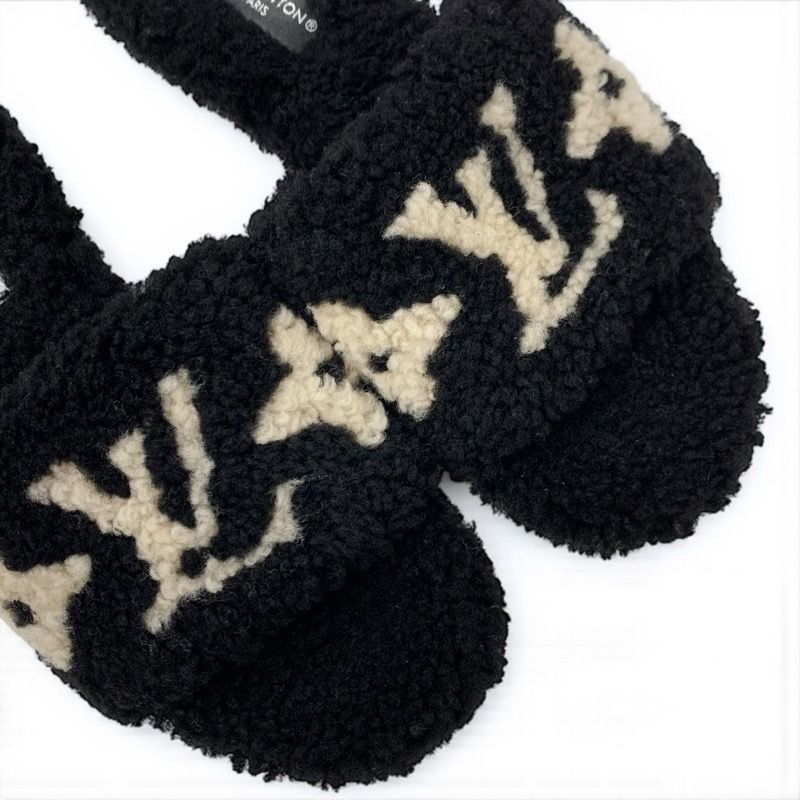 Louis Vuitton Paseo Line Monogram Sandals Shoes Shearling Black White Mule Boa