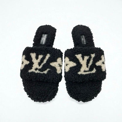 Louis Vuitton Paseo Line Monogram Sandals Shoes Shearling Black White Mule Boa