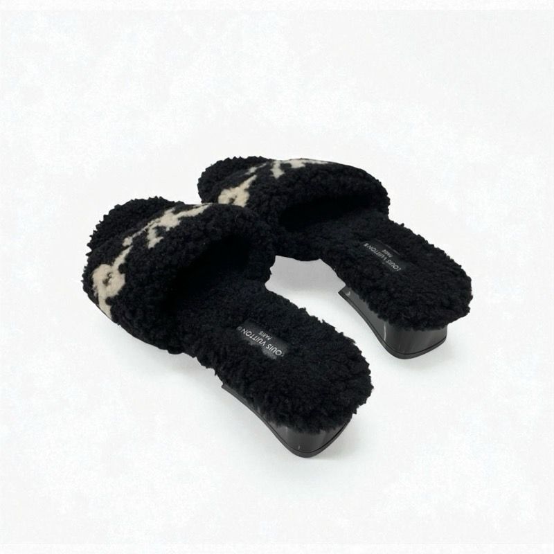 Louis Vuitton Paseo Line Monogram Sandals Shoes Shearling Black White Mule Boa
