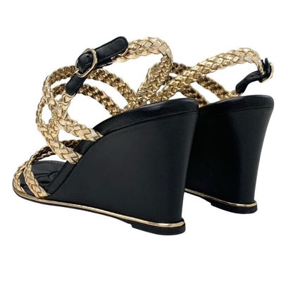 Chanel Sandals Shoes Leather Black Gold Black Coco Mark Braided Strap