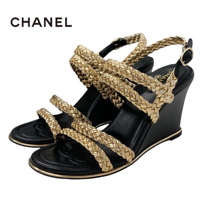 Chanel Sandals Shoes Leather Black Gold Black Coco Mark Braided Strap