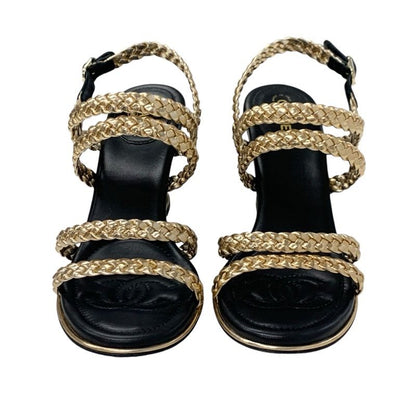 Chanel Sandals Shoes Leather Black Gold Black Coco Mark Braided Strap