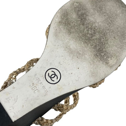 Chanel Sandals Shoes Leather Black Gold Black Coco Mark Braided Strap