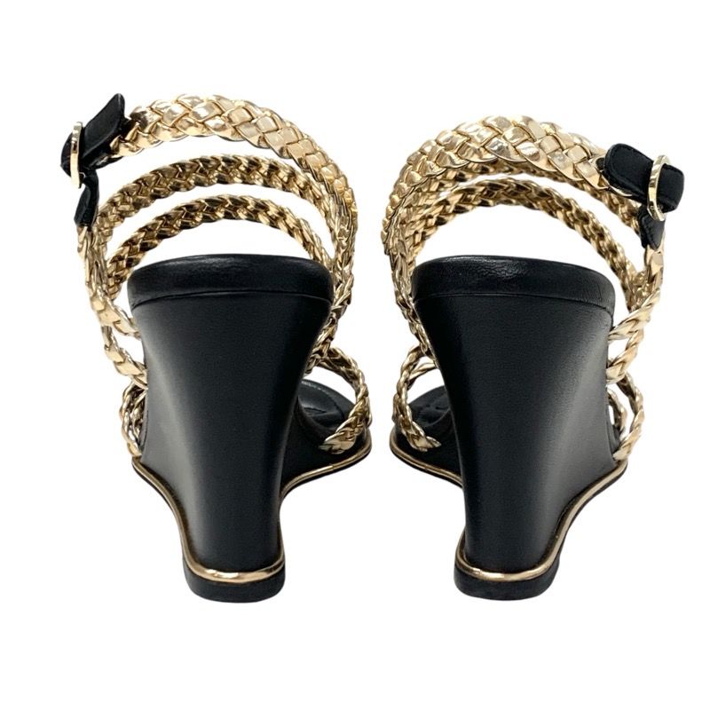 Chanel Sandals Shoes Leather Black Gold Black Coco Mark Braided Strap