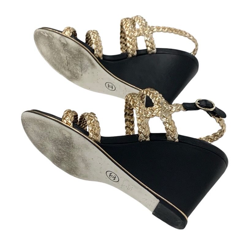 Chanel Sandals Shoes Leather Black Gold Black Coco Mark Braided Strap