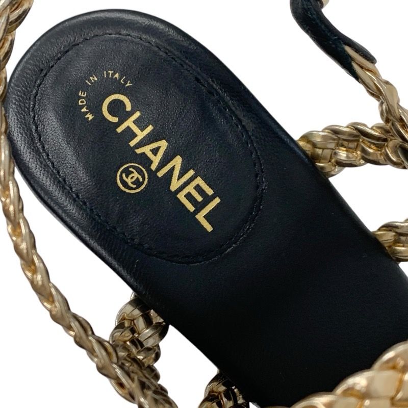 Chanel Sandals Shoes Leather Black Gold Black Coco Mark Braided Strap