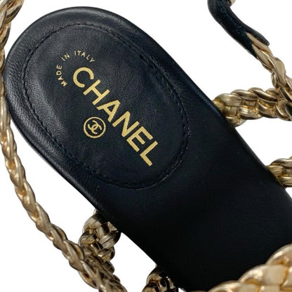 Chanel Sandals Shoes Leather Black Gold Black Coco Mark Braided Strap