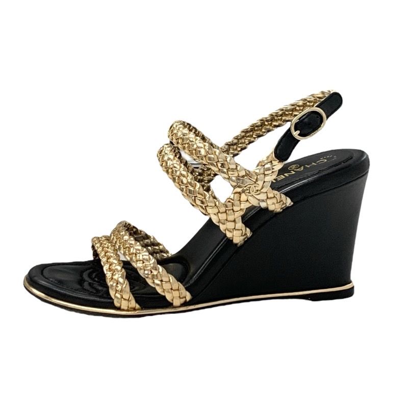 Chanel Sandals Shoes Leather Black Gold Black Coco Mark Braided Strap