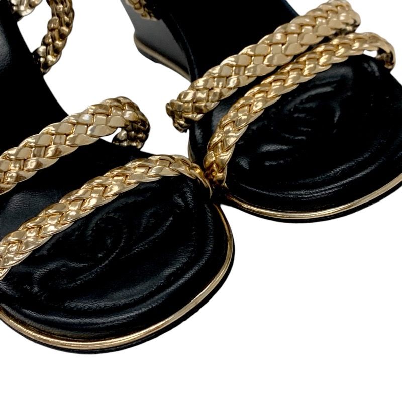 Chanel Sandals Shoes Leather Black Gold Black Coco Mark Braided Strap