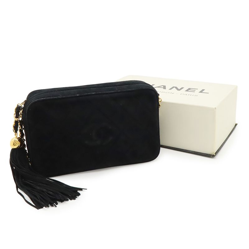 Chanel Matelasse Coco Mark Chain Shoulder Bag Fringe Tassel Suede Leather Black