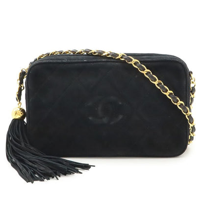 Chanel Matelasse Coco Mark Chain Shoulder Bag Fringe Tassel Suede Leather Black