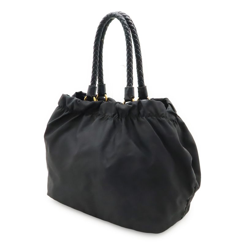 Prada Tessuto Gathered Ribbon Handbag Tote Bag Braided Handle Nylon NERO Black