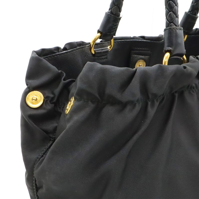 Prada Tessuto Gathered Ribbon Handbag Tote Bag Braided Handle Nylon NERO Black
