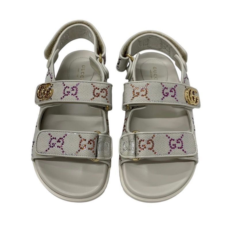 Gucci Double G Sandals Shoes Fabric Leather Ivory Multicolor Gold Ggmarmont