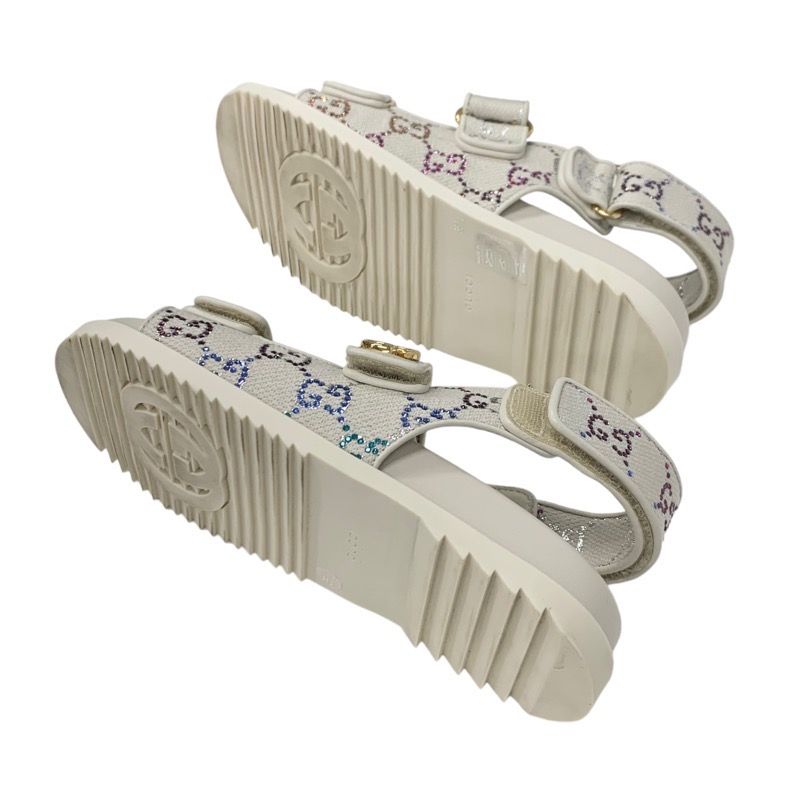 Gucci Double G Sandals Shoes Fabric Leather Ivory Multicolor Gold Ggmarmont
