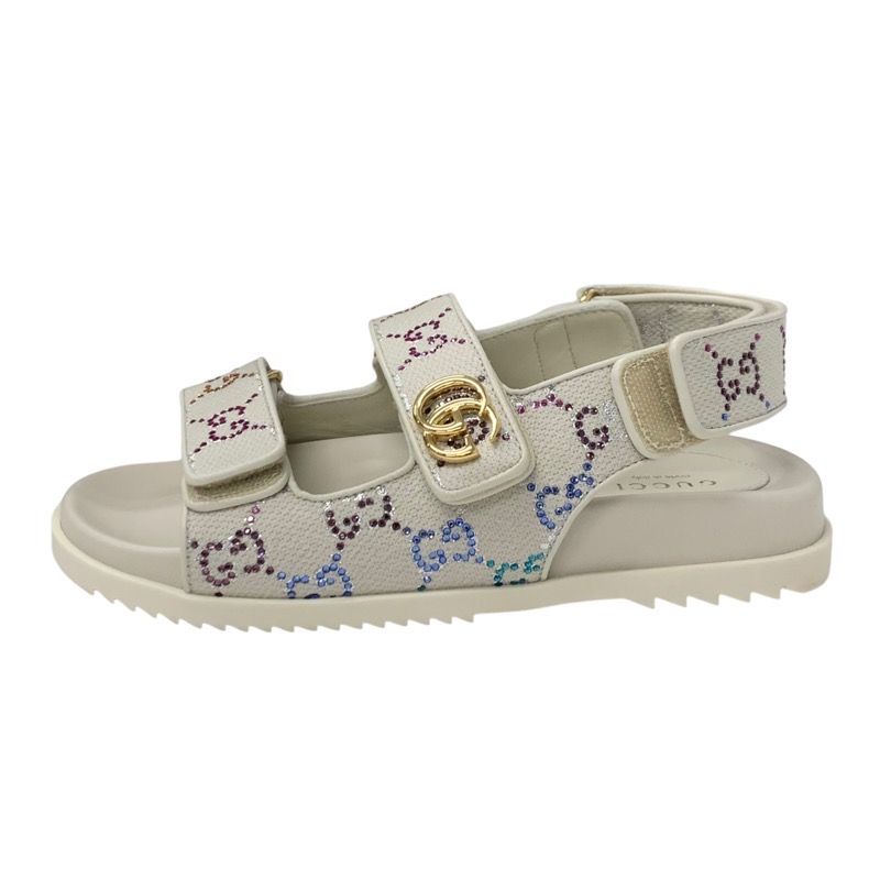 Gucci Double G Sandals Shoes Fabric Leather Ivory Multicolor Gold Ggmarmont