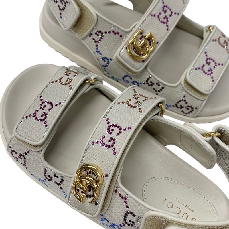 Gucci Double G Sandals Shoes Fabric Leather Ivory Multicolor Gold Ggmarmont