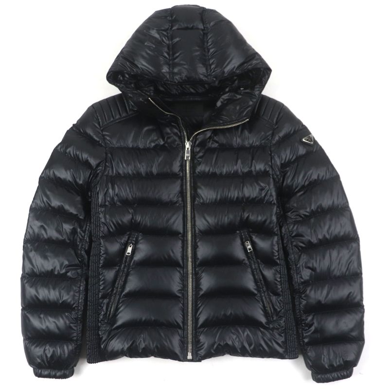 Prada 2022 Sga654 Triangle Logo Triangle Plate Hooded Zip Up Down Jacket Black