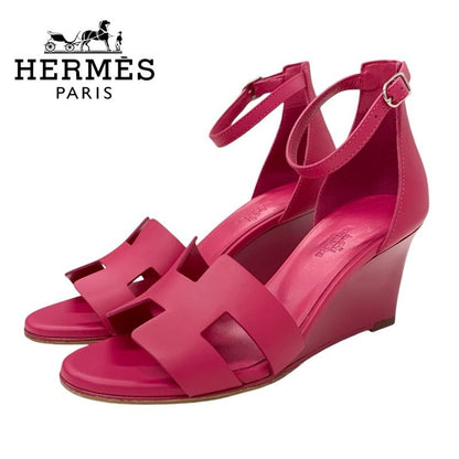 Hermes Legend Sandals Shoes Leather Pink Wedge Sole Ankle Strap