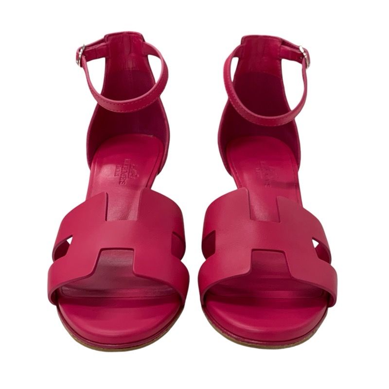 Hermes Legend Sandals Shoes Leather Pink Wedge Sole Ankle Strap