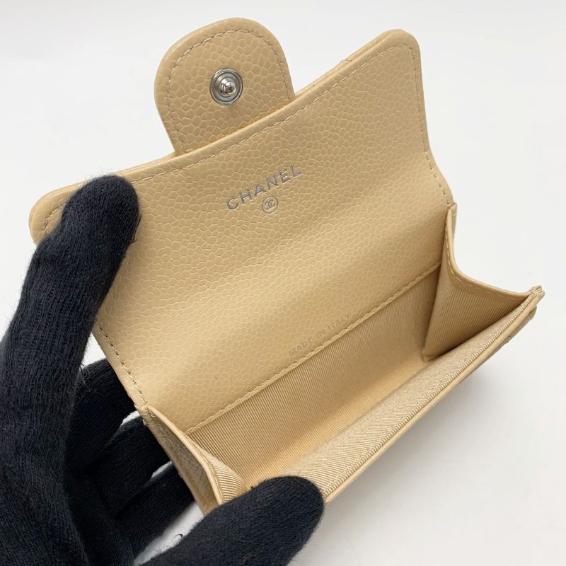 Chanel Card Case Coco Mark Caviar Skin Beige Silver Hardware Women