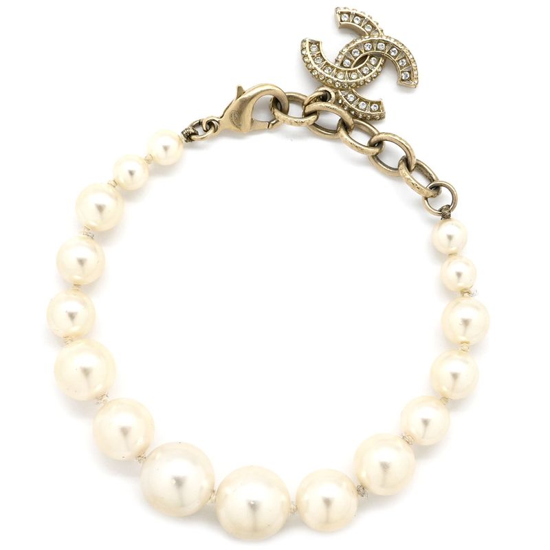 Chanel Bracelet Coco Mark Pearl GP Faux Pearl Rhinestone Gold X White CC [box