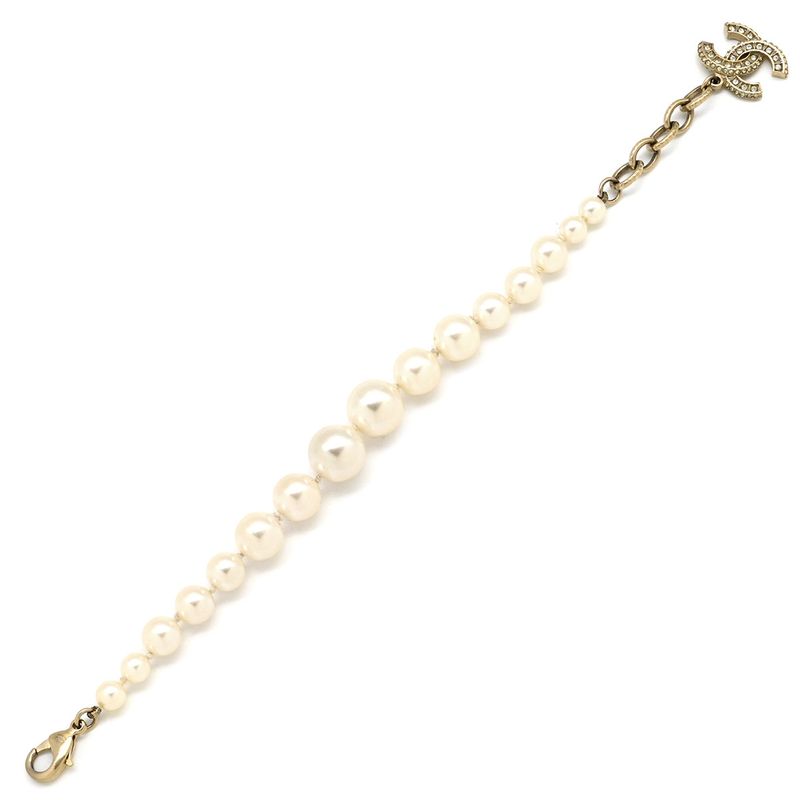 Chanel Bracelet Coco Mark Pearl GP Faux Pearl Rhinestone Gold X White CC [box