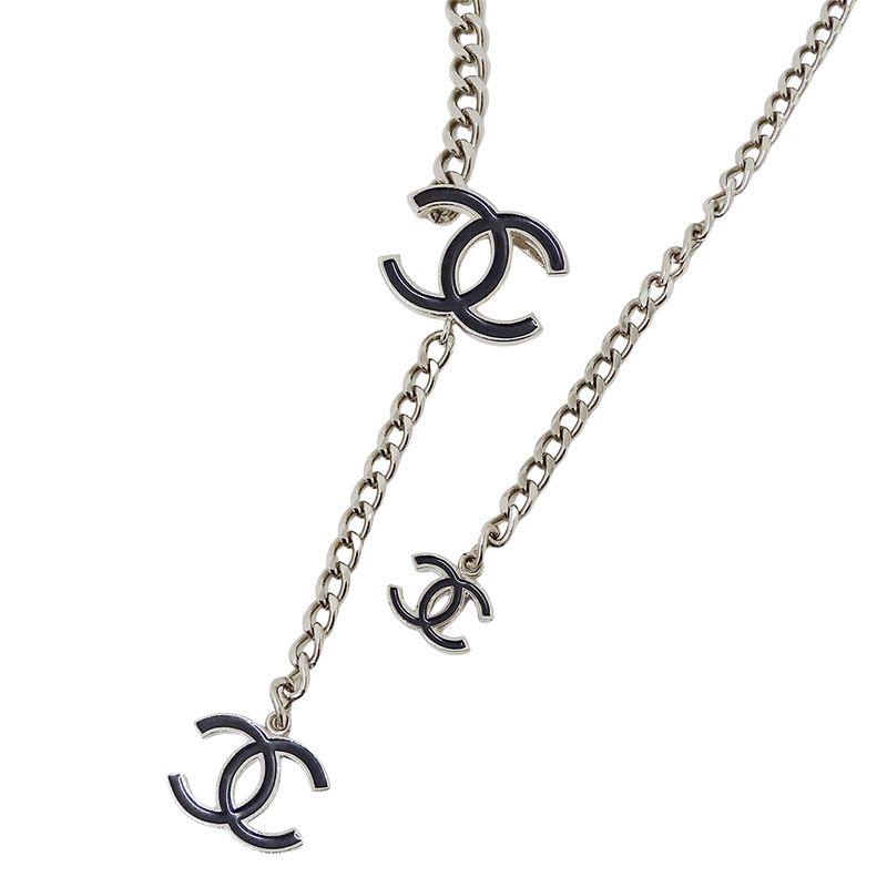 Chanel Belt Women's Brand Silver Black Chain Belt Coco Mark Fashionable