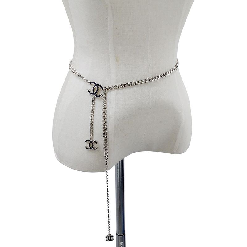 Chanel Belt Women's Brand Silver Black Chain Belt Coco Mark Fashionable
