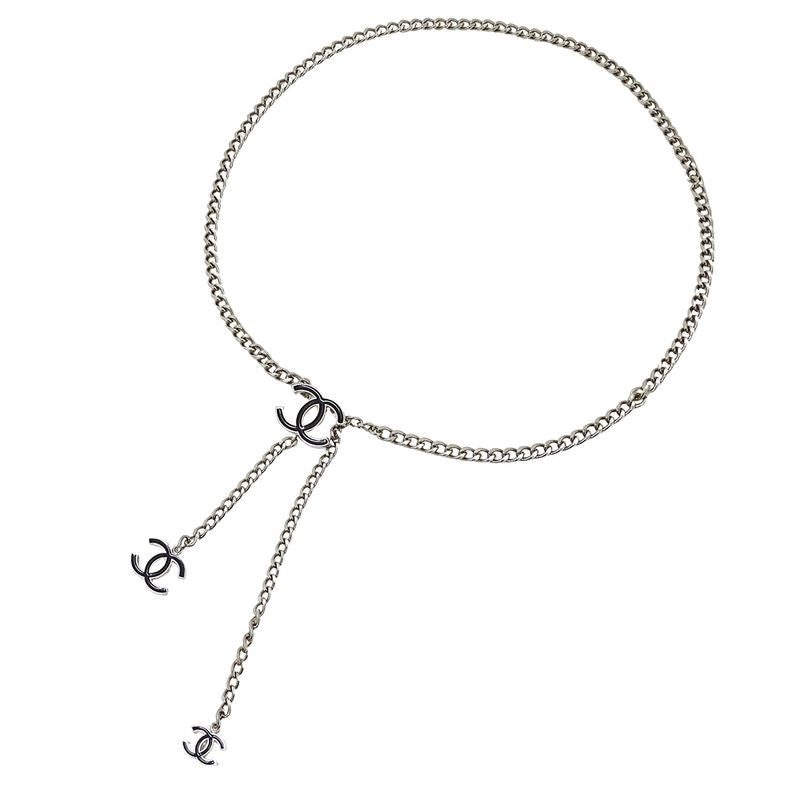 Chanel Belt Women's Brand Silver Black Chain Belt Coco Mark Fashionable
