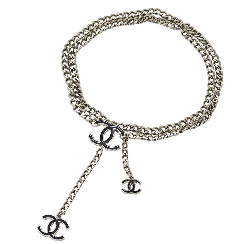Chanel Belt Women's Brand Silver Black Chain Belt Coco Mark Fashionable
