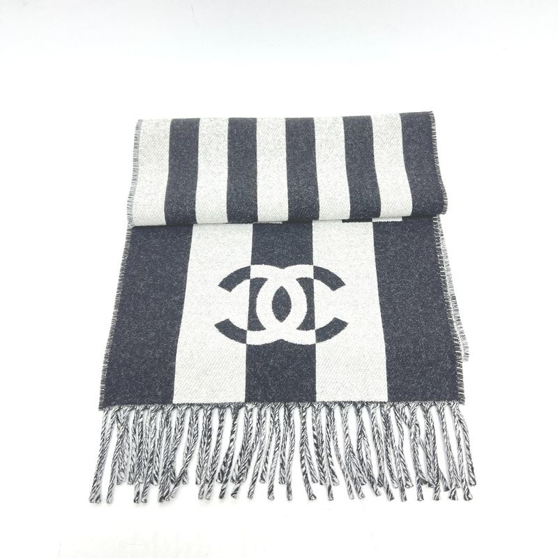 Chanel Scarf Coco Mark Bicolor Wool Black