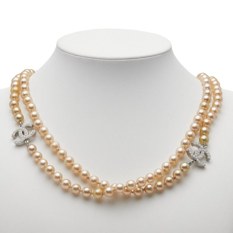 Chanel Coco Mark Pearl Necklace 2strands Gold Silver Faux Pearl Metal Ladies