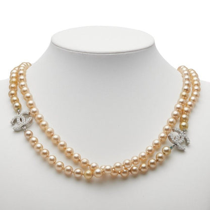 Chanel Coco Mark Pearl Necklace 2strands Gold Silver Faux Pearl Metal Ladies