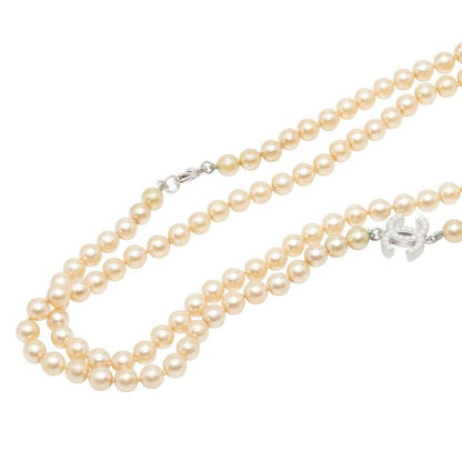Chanel Coco Mark Pearl Necklace 2strands Gold Silver Faux Pearl Metal Ladies