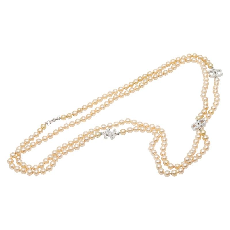 Chanel Coco Mark Pearl Necklace 2strands Gold Silver Faux Pearl Metal Ladies