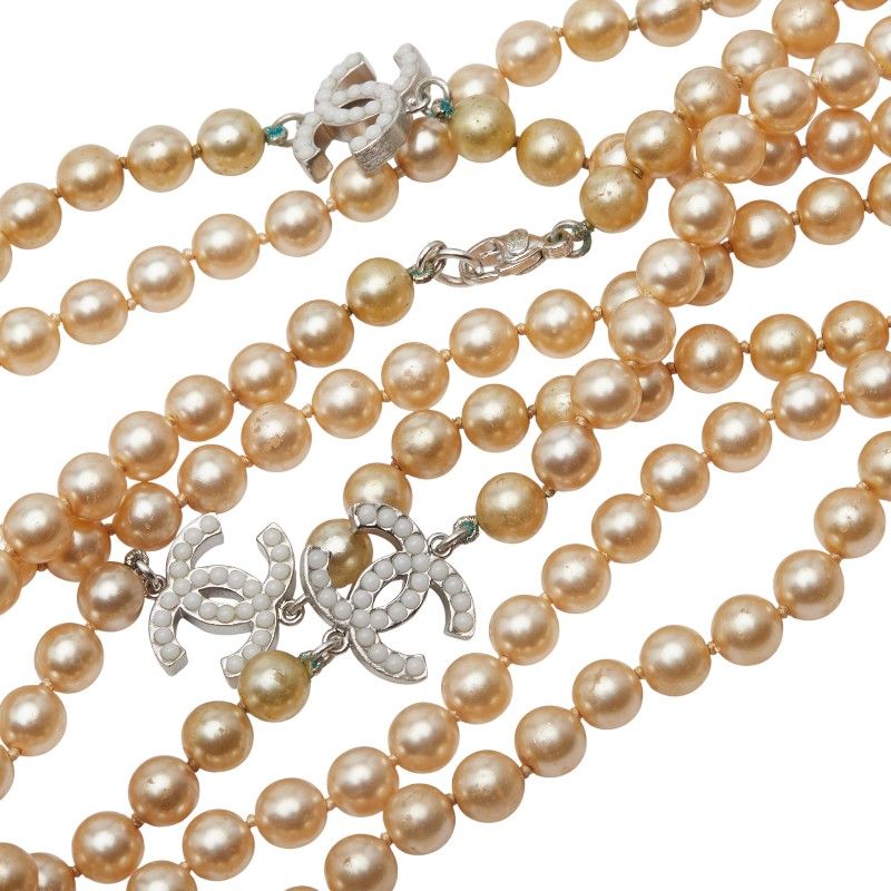 Chanel Coco Mark Pearl Necklace 2strands Gold Silver Faux Pearl Metal Ladies