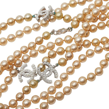 Chanel Coco Mark Pearl Necklace 2strands Gold Silver Faux Pearl Metal Ladies