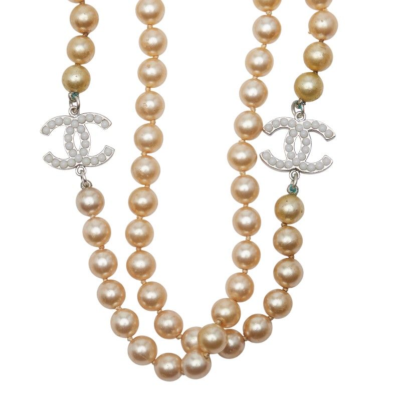 Chanel Coco Mark Pearl Necklace 2strands Gold Silver Faux Pearl Metal Ladies