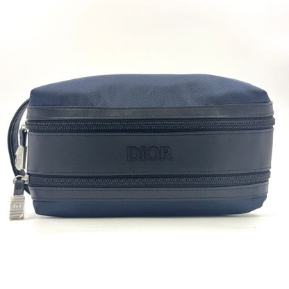 Christian Dior Double Zip Polyester Navy Clutch Bag Silver